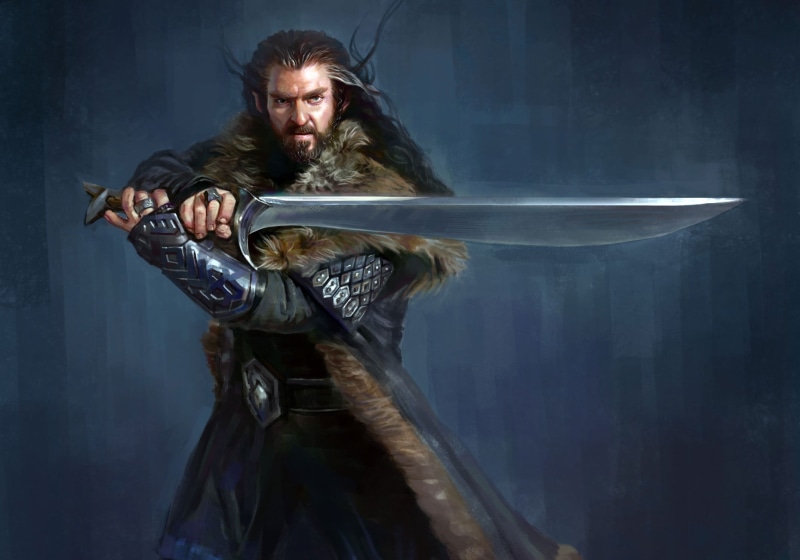 art, indoors, clothing, man, background, holding, hair, hairstyle, sword, hunter, lord of the rings, long hair, adult, weapon, The Hobbit, 1080P