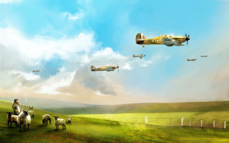 sky flight, single-seat fighter, agriculture, land, sky, environment, sheeps, art, cloud - sky, grass, domestic, 2K, the plane, mid-air, beautiful background