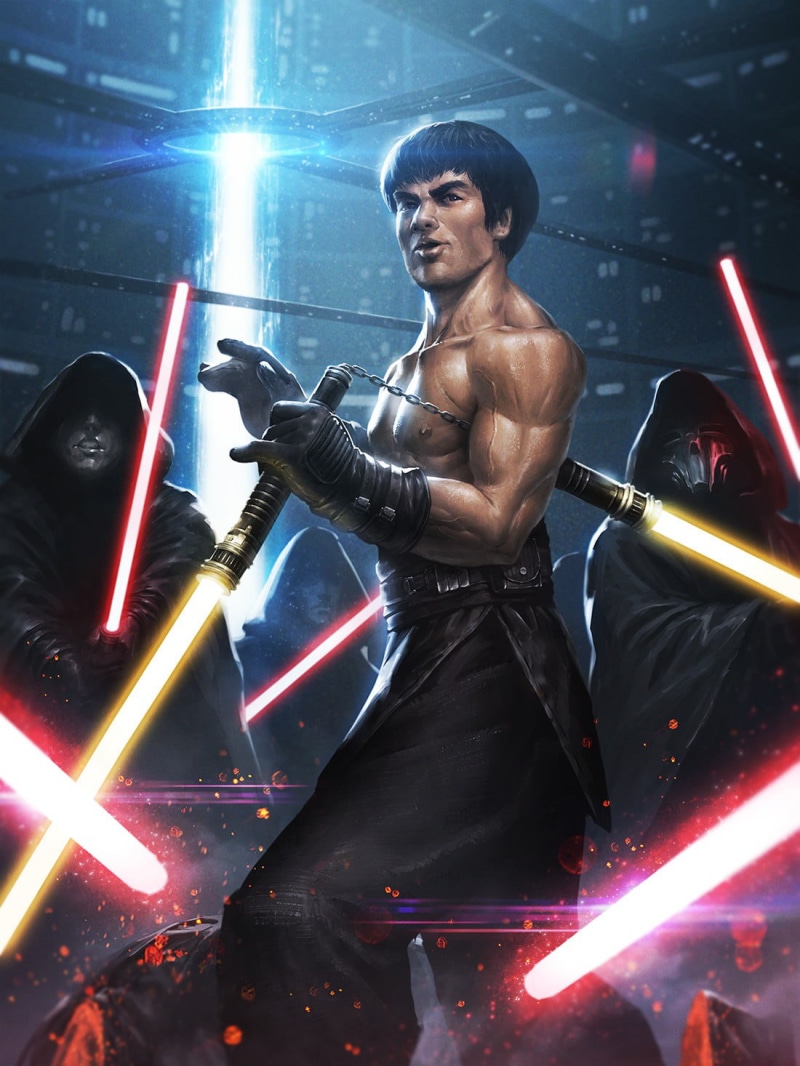 drawing, night, arts culture and entertainment, males, representation, Bruce Lee, technology, futuristic, lightsaber, power, adult, enjoyment, 720P, Star Wars