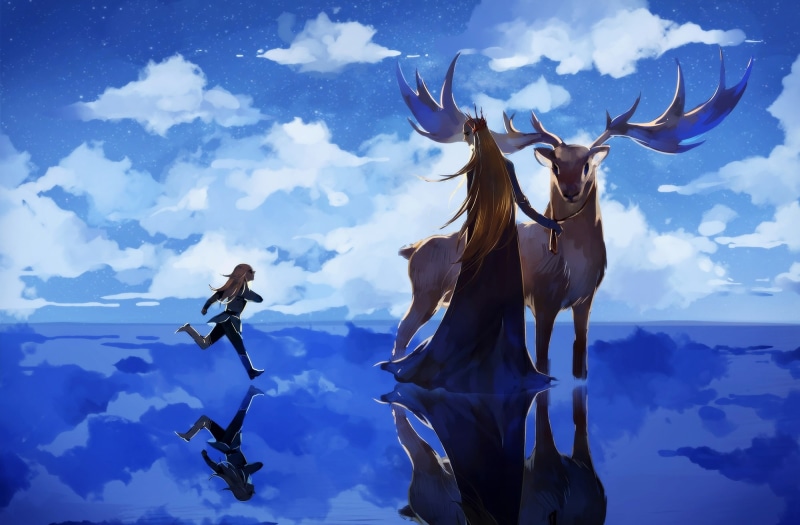 legolas, elf, human representation, clouds, thranduil, digital composite, domestic, deer, blue, domestic animals, art and craft, representation, livestock