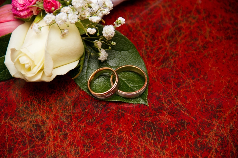indoors, high angle view, red, green leaves, life events, close-up, personal accessory, bride, happiness, wedding, flowering plant, textile, engagement