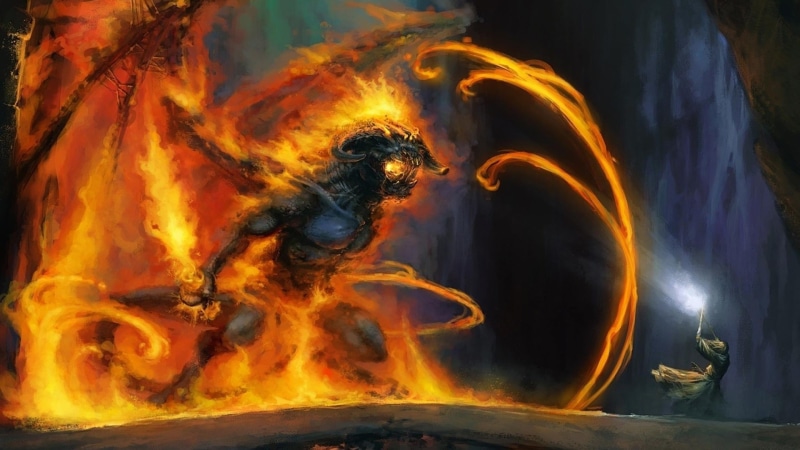 Gandalf, 1080P, The Lord of the Rings, digital art, death, Balrog, devils, fire, fantasy art, wings