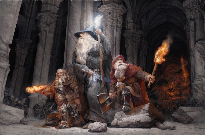 dwarf, Gandalf, Daniel Zrom, torches, column, men, 1080P, cave, Axe, armor, Balrog, orcs, The Lord of the Rings, sword, wizard, hood, staff