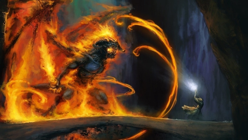 artwork, 1080P, gandalf, fire, mines, moria, balrog, art, fantasy