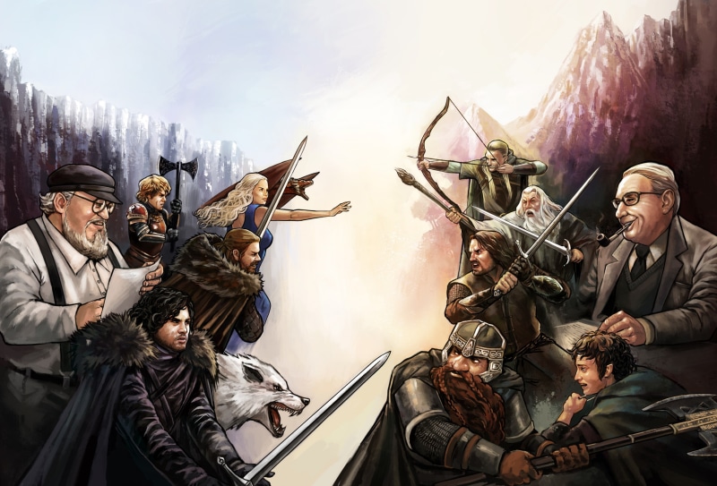 Legolas, Gimli, wolf, dragon, George R. R. Martin, Tolkien, art, Jon Snow, dwarf, Daenerys Targaryen, Gandalf, Tyrion Lannister, Lord of the Rings, Eddard Stark