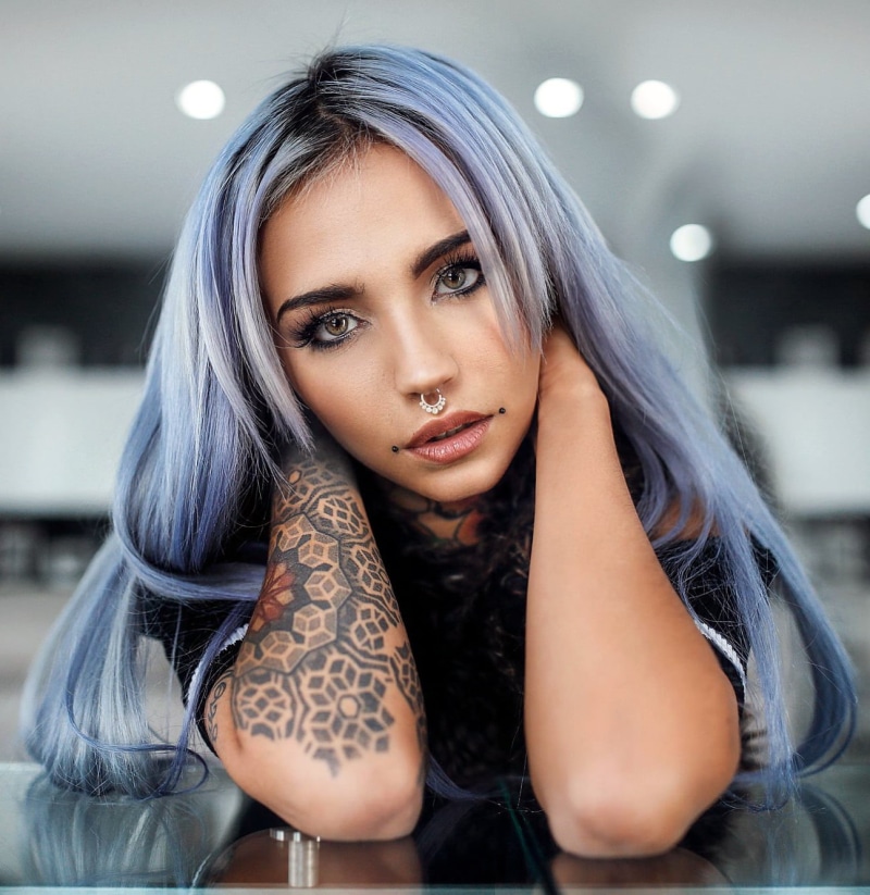 women, 720P, long hair, blue hair, Fishball Suicide, pierced nose, straight hair, looking at viewer, tattoo, portrait, Alessandro Di Cicco, hands in hair