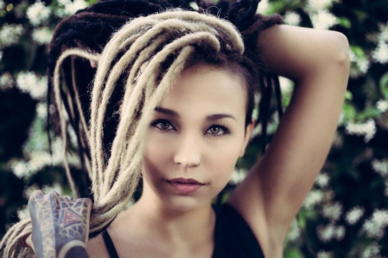 Blonde, Fishball Suicide, human face, contemplation, tattoos, outdoors, focus on foreground, adult, face, one person, Dreadlocks, plant, young adult, close-up
