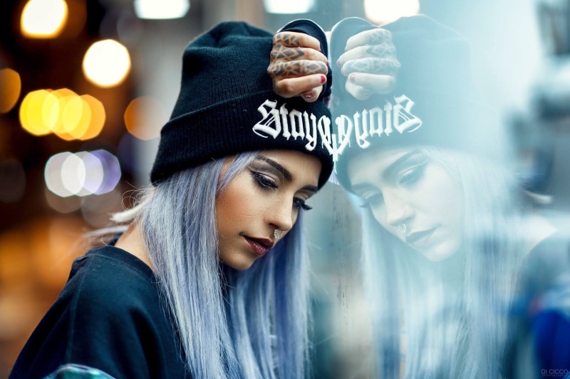 reflection, red lipstick, Fishball Suicide, 1080P, nose rings, long hair, lights, Alessandro Di Cicco, blue, makeup, model, hat, portrait, face, tattoo