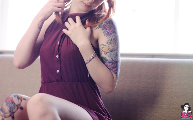 home interior, three quarter length, technology, redhead, day, s, colored, hairstyle, tattoo, front view, lifestyles, silver, fashion, 1080P, sitting