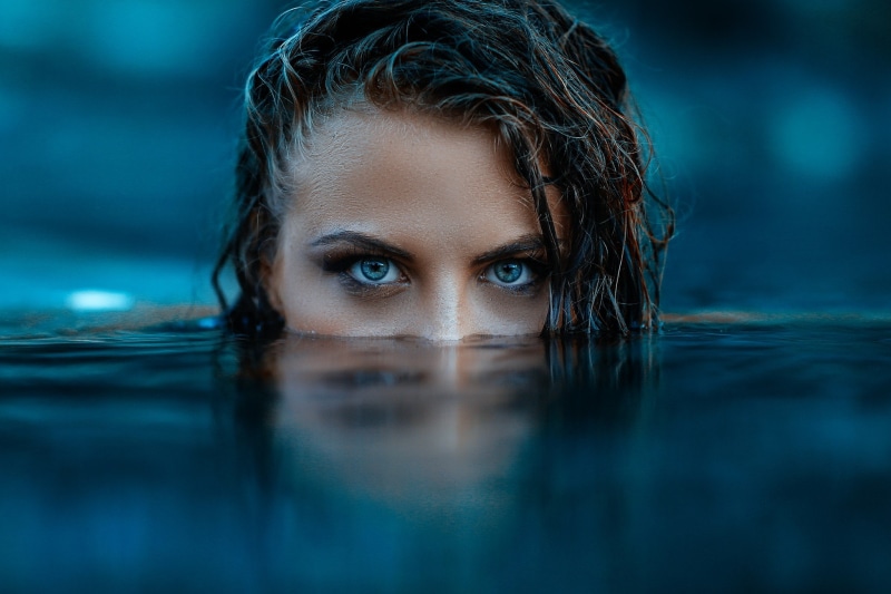 face, reflection, depth of field, water, hairstyle, women, beautiful woman, one person, blue eyes, young adult, looking at camera, Alessandro Di Cicco