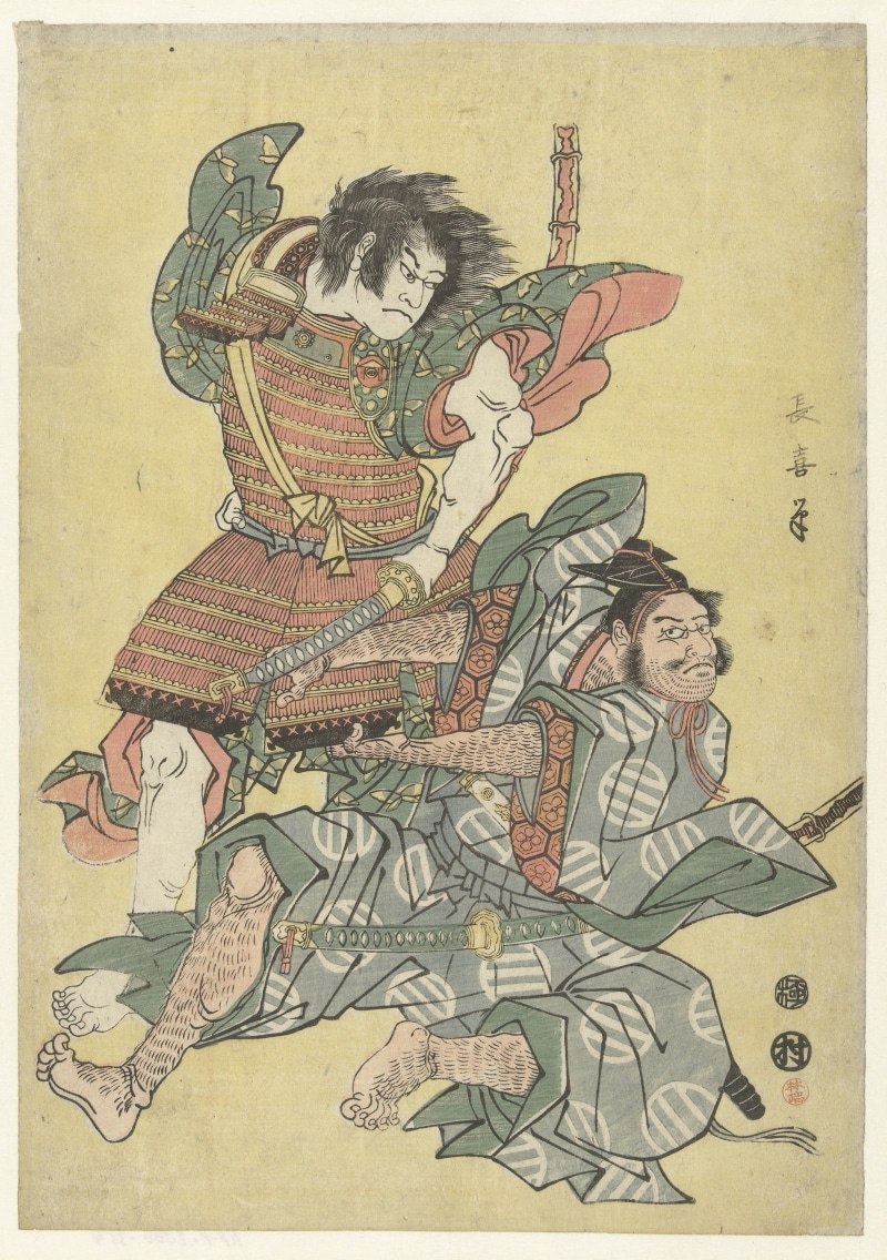 art and craft, paper, japanese, painted, warriors, architecture, fighting, samurai, 2K, auto post production filter, artwork, painting, adult, people