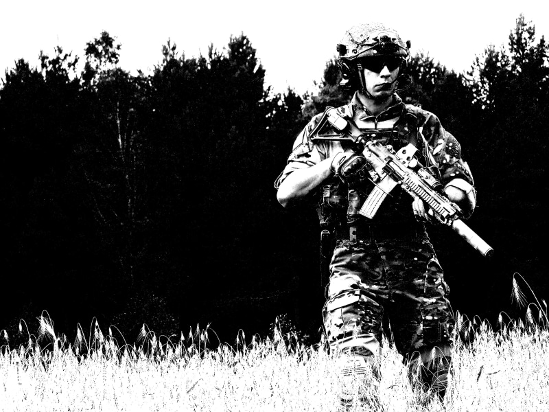 classical Style, weapon, walking, retro Styled, engraved Image, nature, rifle, 2K, antique, victorian Style, black And White, armed Forces, men, old, tree
