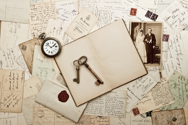 handwriting, watch, pocket, brand, high angle view, clock, antique, dirty, document, obsolete, correspondence, two, directly above, steel, the Past, gray