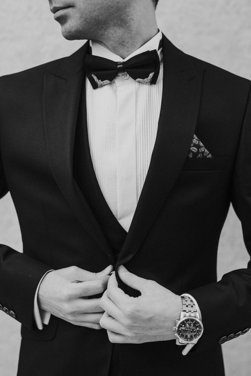 fashion, man, wedding, bw, indoors, luxury, bow tie, clothing, masculinity, success, menswear, males, 4K, groom, jewelry, ring, well-dressed, hand, business