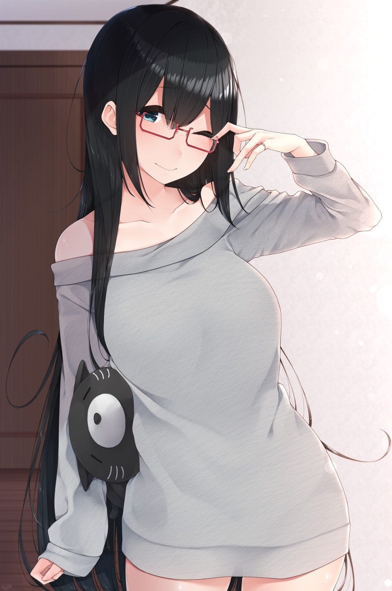 one person, glasses, haired, beauty, girl, door, illustration, original characters, blue eyes, sweater, stuffed animal, blushing, smiling, women, technology