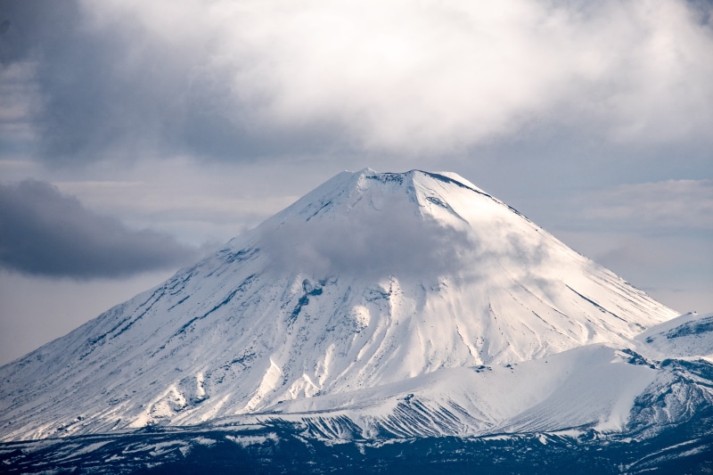 tranquil scene, covered, outdoors, scenics - nature, volcano, no people, landscape, day, sky, 5K, winter, taranaki, cloud - sky, new zealand, mountain peak