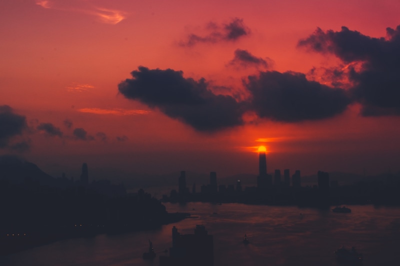building Exterior, golden, asia, buildings, cloudscape, business, 5K, city Life, twilight, tower, scenics, sunset, back Lit, built Structure, bay, famous Place