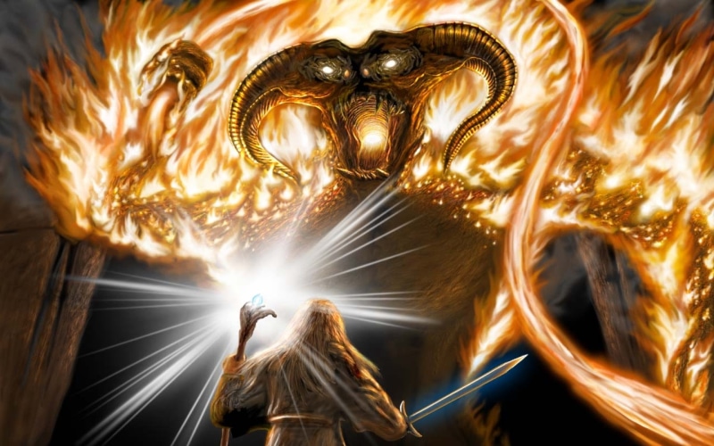 battle, staff, Balrog, The Lord of the Rings, sword, Moria, 2K, art, Gandalf