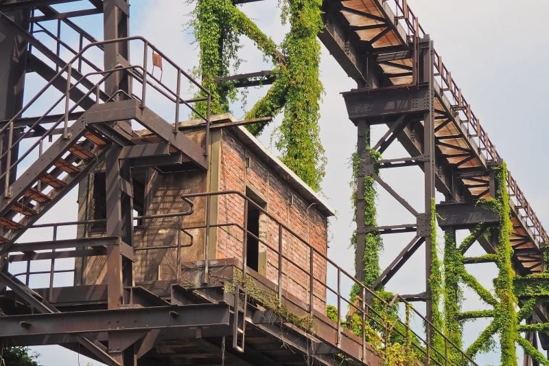 low angle view, old factory, architecture, ivy, duisburg, forget, connection, outdoors, industry, ruhr area, transience, sky, steel production, atmosphere