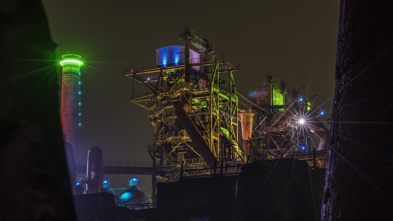 steel mill, city, light beam, factory building, monument, ruhr area, factory, nature, industrial heritage, glowing, architecture, travel destinations, landmark