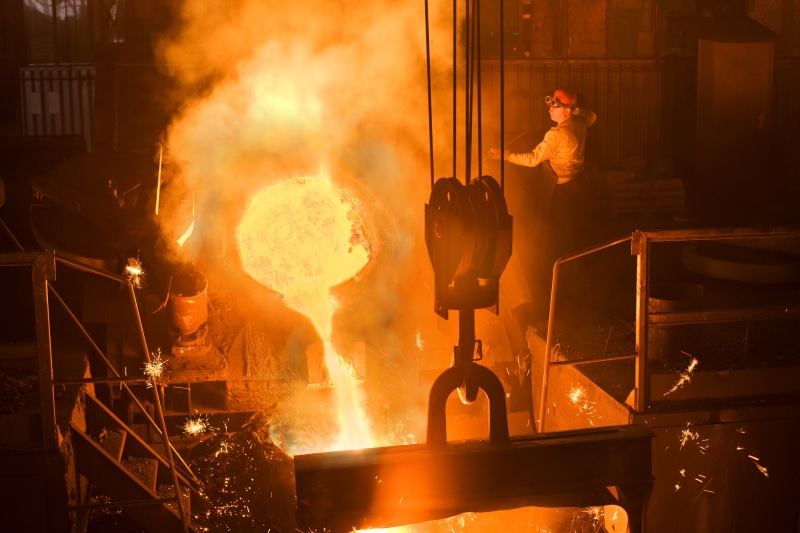 5K, heat, fire, molten metal, smelting factory worker, sparks