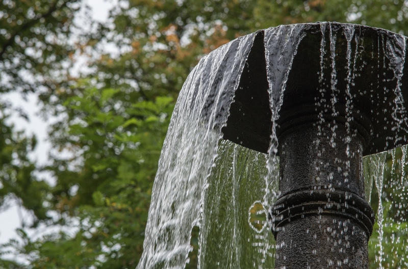 fountain, tree, focus on foreground, iron, overflow, waterfall, plant, motion, water, spraying, day, flowing, outdoors, flowing water, falling water, refreshment