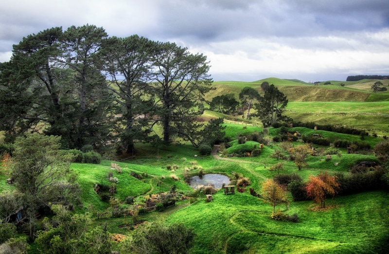 scenics - nature, sky, cloud - sky, environment, land, Hobbit, House, grass, tranquil scene, no people, landscape, trees, field, green color, green, day