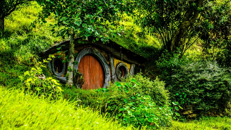 arch, foliage, hobbits, nature, land, day, hobbit-hole, growth, grass, new zealand, plant part, building exterior, no people, hobbiton, fantasy, 4K, leaf