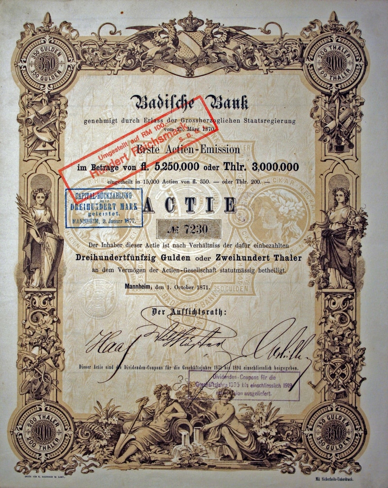 badische bank, art and craft, share, paper, business, extreme close-up, decoration, damaged, engraved Image, document, close-up, germany, communication