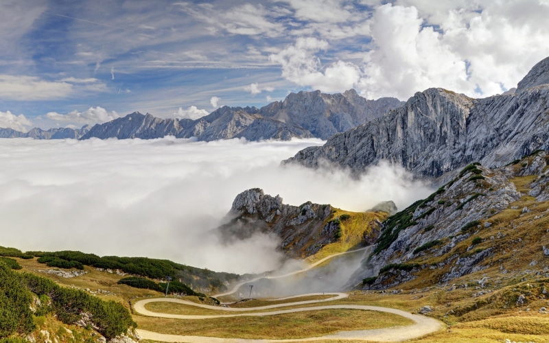 Sky, Road, Trees, Clouds, block, fault, 2K, Alps, Bavaria, Germany, Mountains