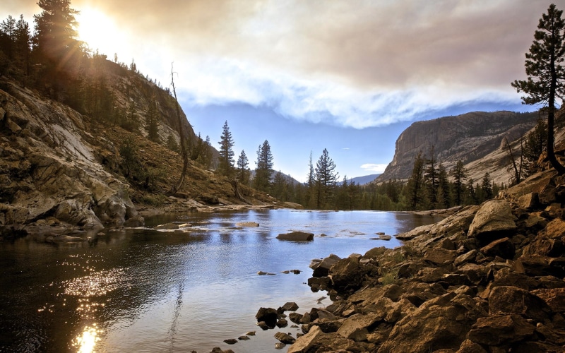sunlight, nature, mountain, landscape, block, river, photography, trees, rocks, fault, hd, 1080P, stones