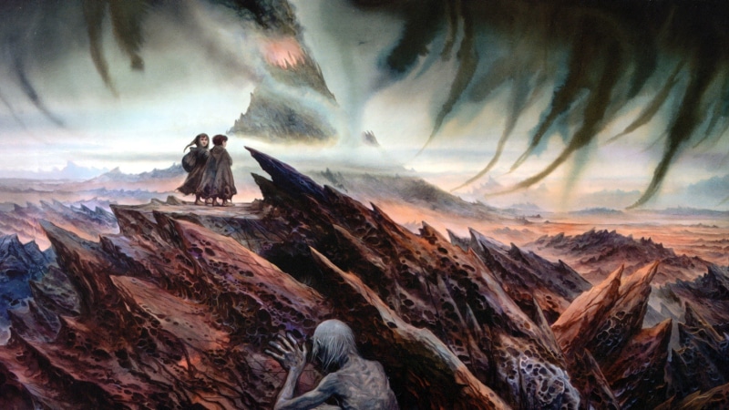 painting, non-urban scene, Gollum, rock formation, John Howe, rock, Frodo Baggins, tranquility, nature, beauty in nature, rock - object, 1080P, no people