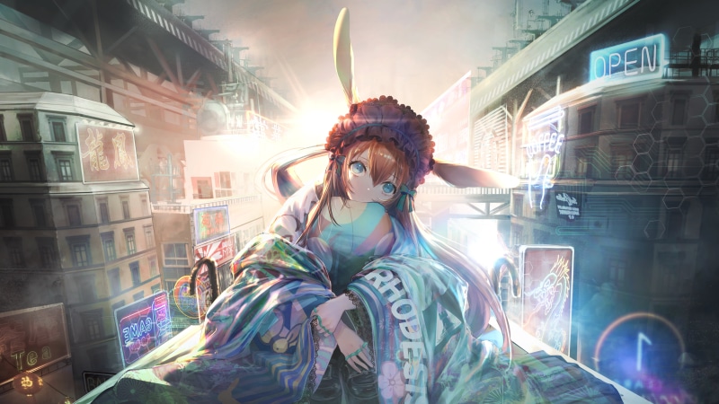 city, anime, bunny ears, anime girls, 5K, bridge, Amiya (Arknights), Arknights, blue eyes, long hair, neon sign, brunette