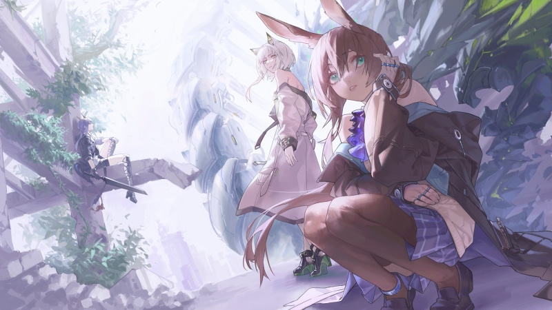 blonde, brunette, long hair, rings, sword, jacket, green eyes, looking away, anime, Arknights, anime girls, rocks, Amiya (Arknights), 8K, skirt, ruins
