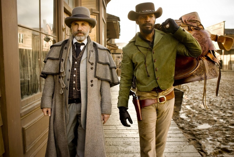 three quarter length, looking at camera, the past, Christoph Waltz, hat, Jamie Foxx, clothing, Quentin Tarantino, front view, 1080P, still, mid adult men