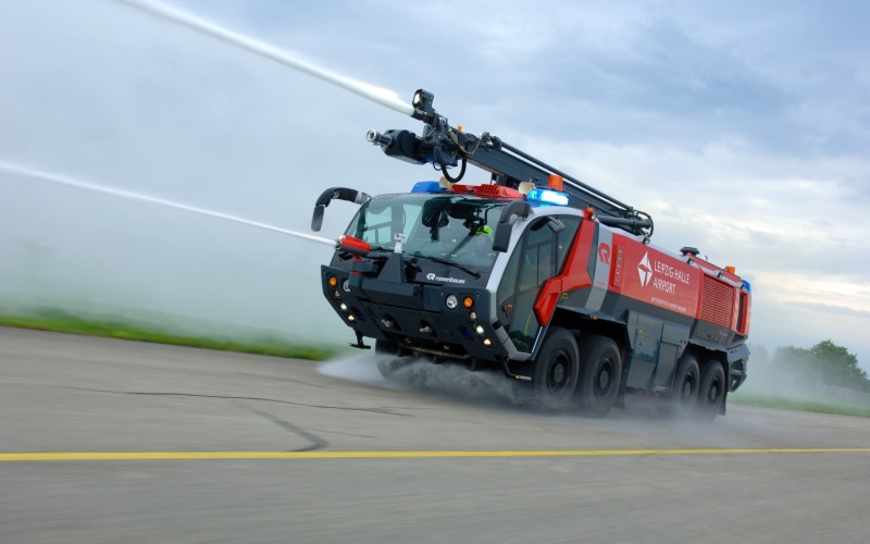 emergency services occupation, air vehicle, red, Rosenbauer, motion, day, accidents and disasters, fire fighting truck, sport, one person, white, vehicle