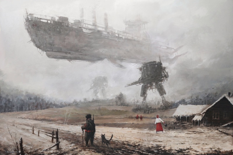 nature, ship, sky, emergency services occupation, Art, group of people, black, environment, Jakub Rozalski, Fiction, day, fog, water, floating, people
