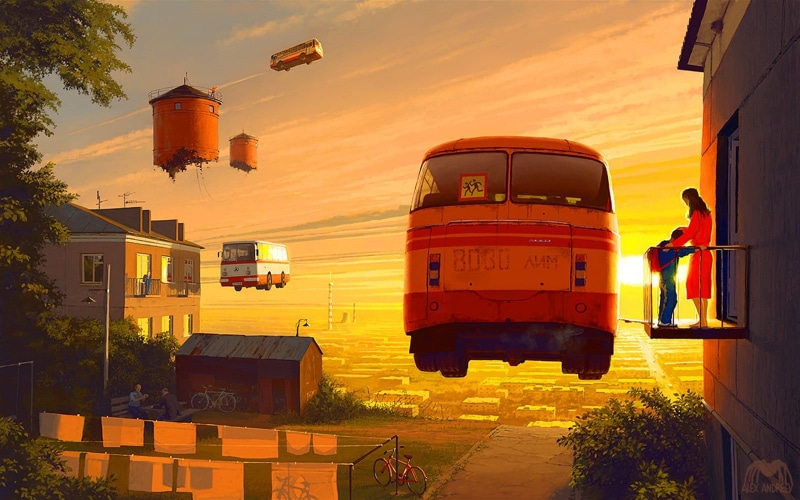 sunlight, travel, people, orange color, architecture, public transportation, concept art, cityscape, Alexey Andreev, emergency services occupation, plant