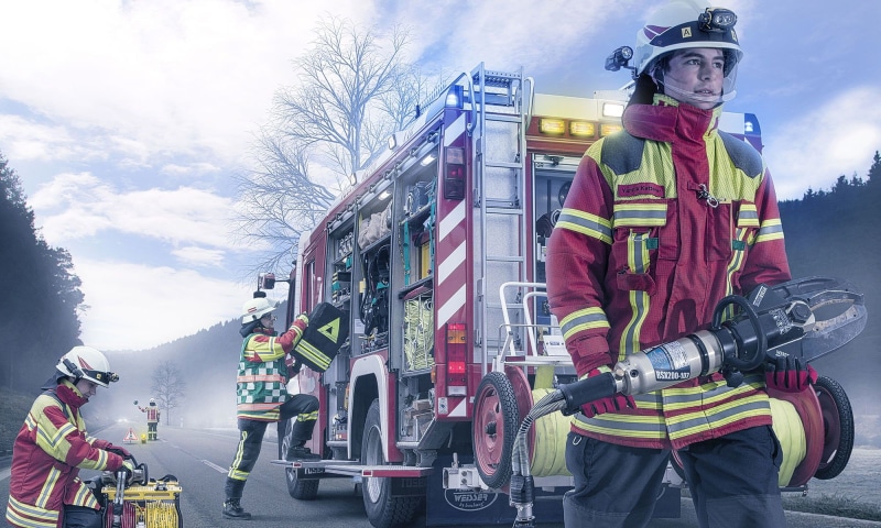 vehicle, engine, clothing, firefighter, holding, standing, outdoors, emergency, fire, protective workwear, responsibility, men, semi, mature men, front view