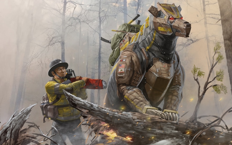 science fiction, protection, people, standing, nature, real people, outdoors, headwear, robot, rescue worker, animals, waist up, digital art, safety, helmet