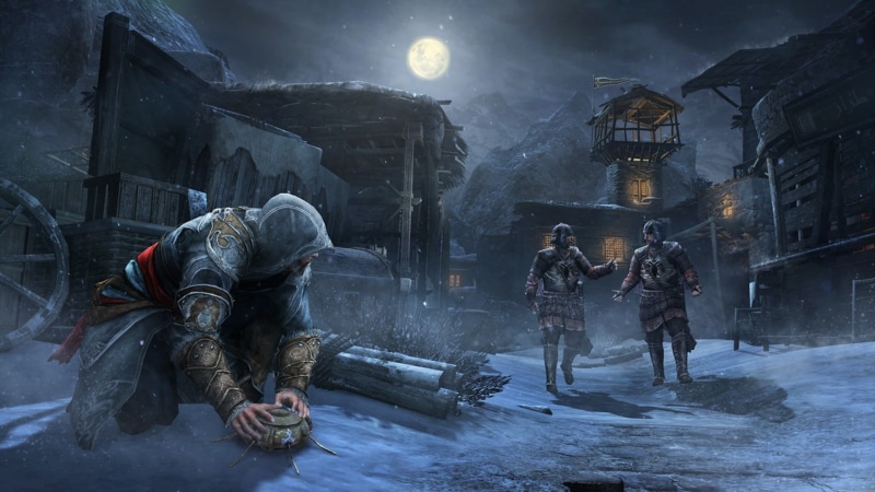 video games, fighting, illuminated, Assassins Creed: Revelations, winter, warm clothing, snowing, real people, people, building exterior, night, snow, full length