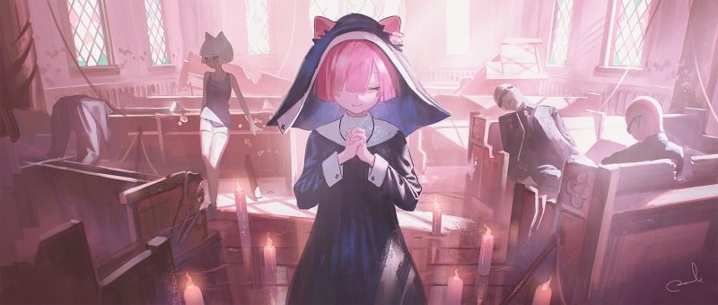 illustration, drawing, artwork, fantasy girl, anime girls, original characters, 1080P, digital art, nuns, pink hair, anime, blushing, nekomimi, nuns habit