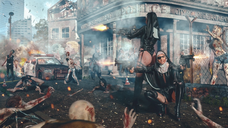 2K, photoart, fight, Violetta Grekhova, Alexander Chuprina, weapons, nuns, the situation, Anastasia Zhilina, zombies, the city, girls