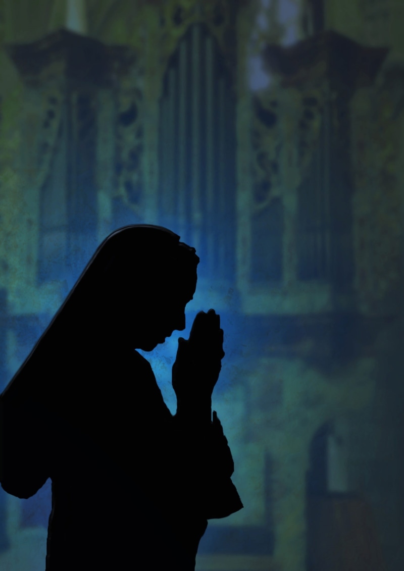 faith, indoors, people, men, focus on foreground, built structure, monastery, house of worship, lifestyles, son, side view, couple - relationship, adult