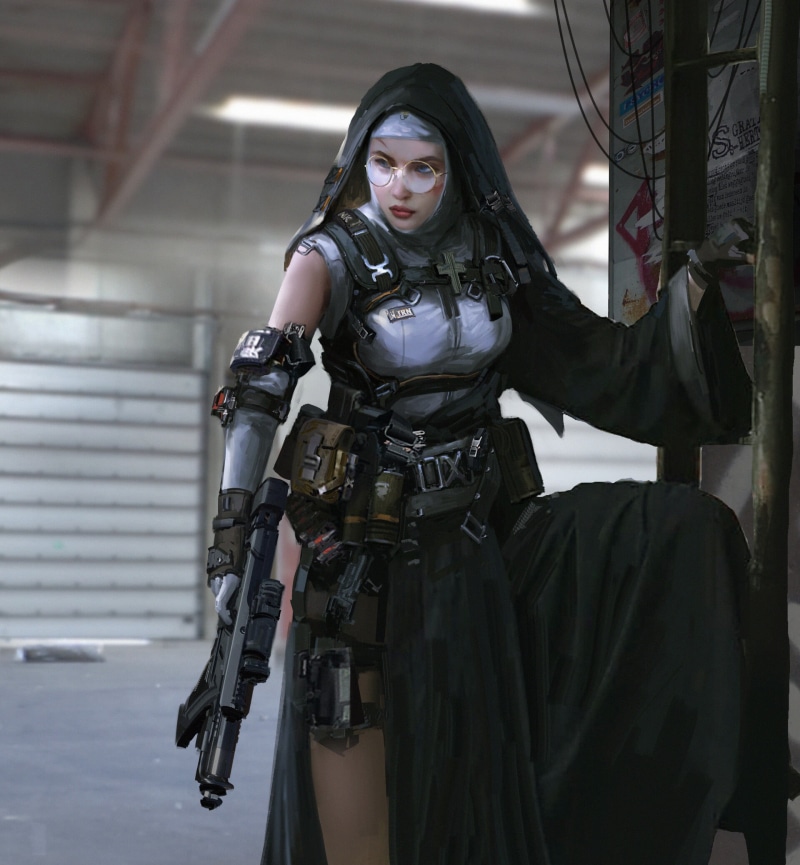 women, artwork, ArtStation, nun, girls with guns, weapon, women with glasses, 1080P