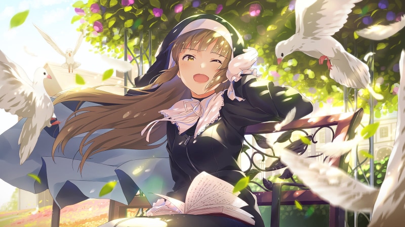 long hair, nun, feathers, books, wink, brunette, yellow eyes, Nijisanji, 720P, gloves