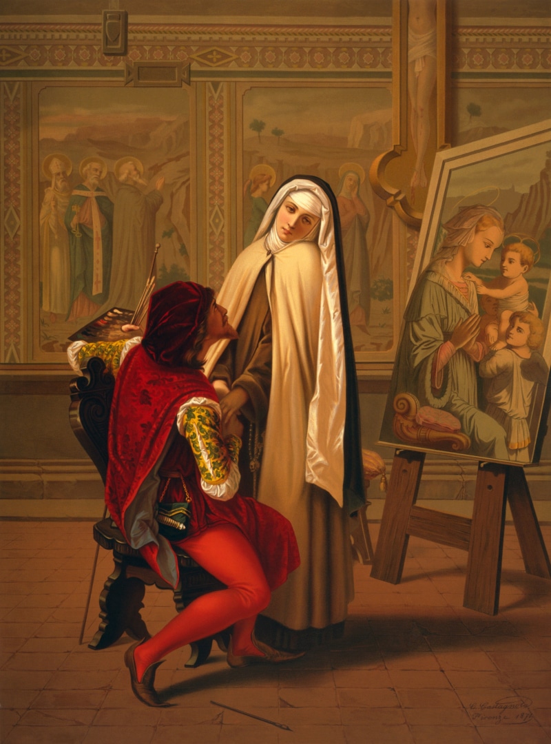 lifestyles, sitting, young women, painting, 2K, place of worship, architecture, art and craft, full length, representation, rear view, 1873, spirituality