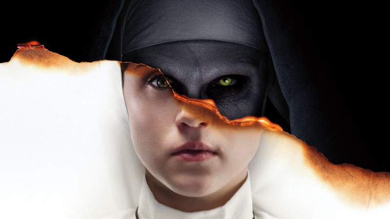 one person, Girl, human face, one animal, pets, The Nun, domestic, front view, black color, Movie, teenager, black background, human body part, domestic animals