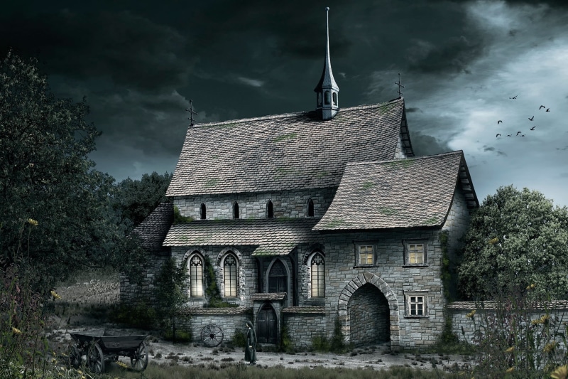 nature, building, old, spooky, built structure, house, 1080P, outdoors, building exterior, Church, dark-art, cloud - sky, tree, spirituality, religion