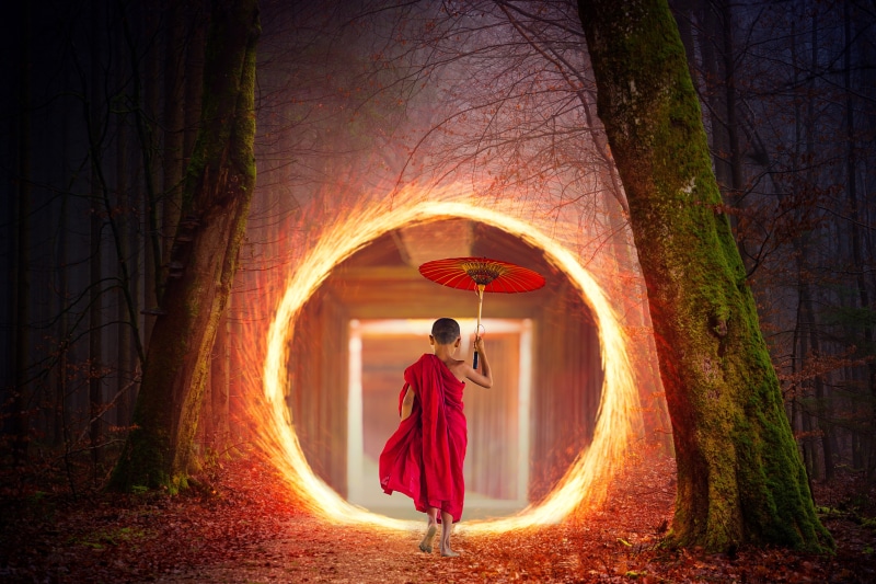 the portal, autumn forest, Buddhist nuns, umbrella, 5K, light